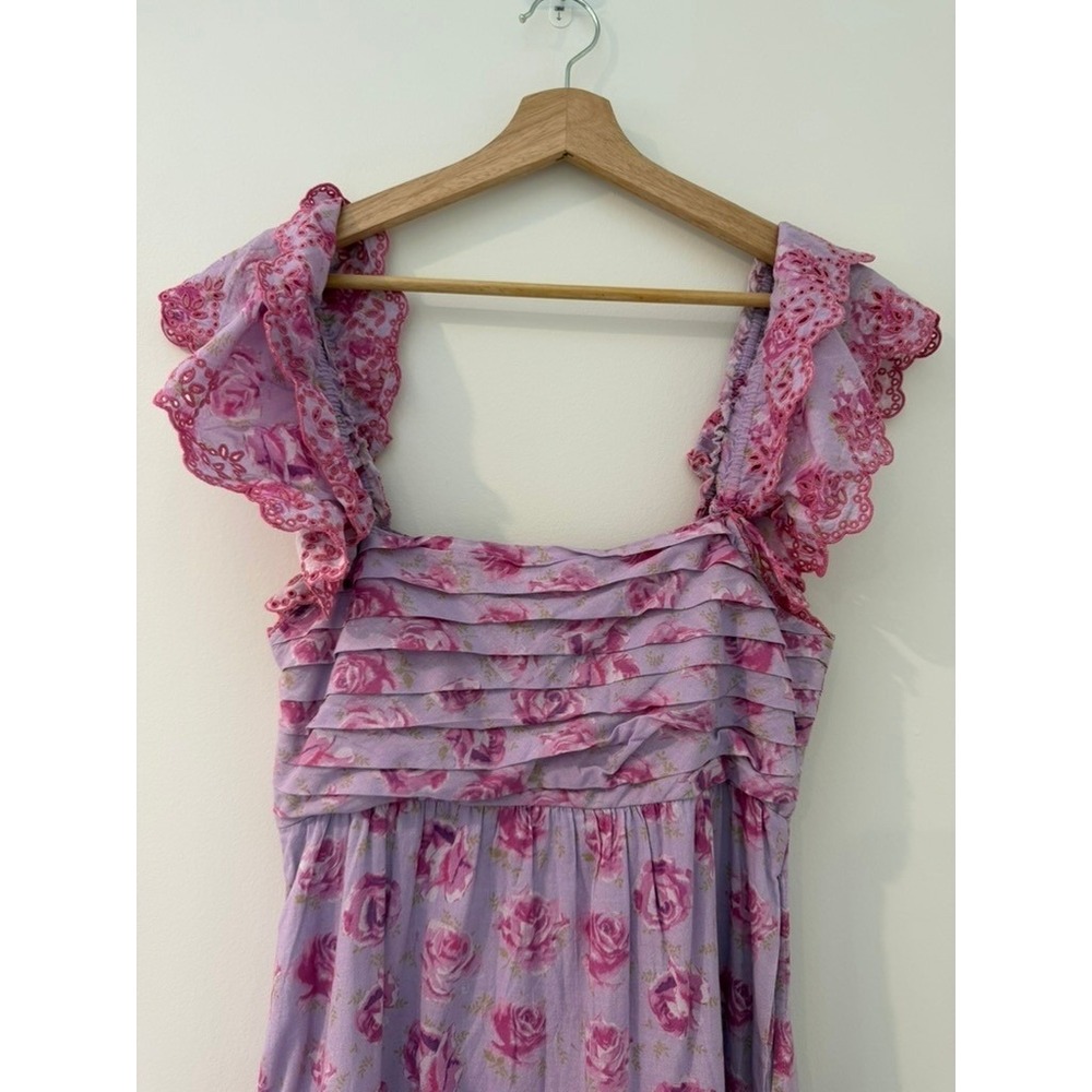 LoveShackFancy Harlyn Dress Cotton Eyelet Embroidery Pleated Bodice Rose Print 4 - Picture 3 of 9